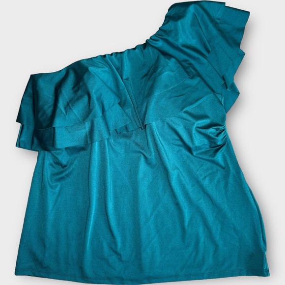 Cacique Swim Lightly Lined No-Wire Relaxed One-Shoulder Ruffle Tankini Top 16 - Picture 1 of 12